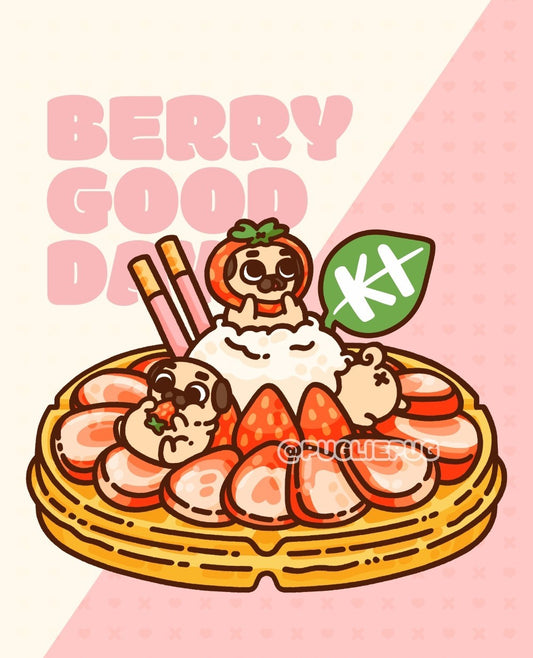3 Tiny Puglies in a Strawberry Dessert Waffle with the Ki Cafe leaf logo stuck in vanilla ice cream. Text in the background says "Berry Good Day"