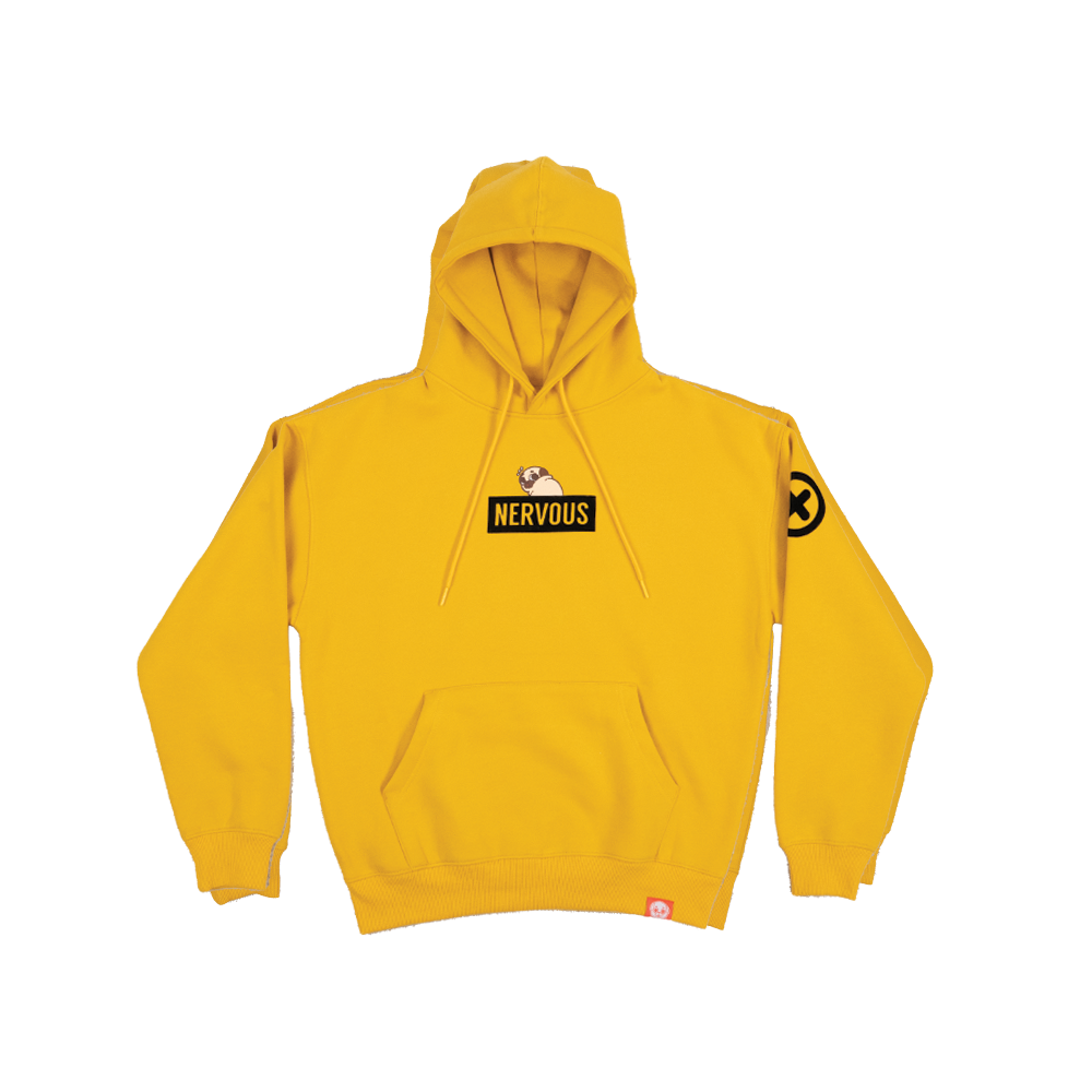 A yellow hoodie with a graphic of a scared-looking pug above a black rectangle with the yellow text "NERVOUS". The graphic is in the centre of the chest of the hoodie. There is a black X with a black circle around it on the top-left of one of the the sleeves. There is a small red tag on the bottom hem of the hoodie.