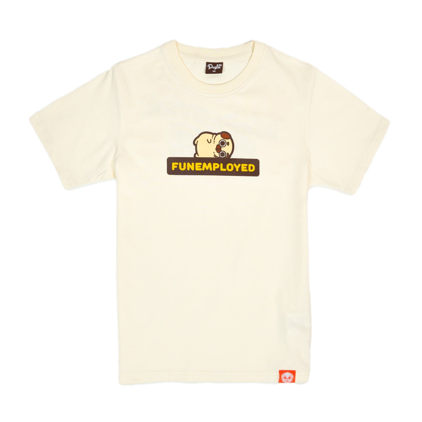 Cream t-shirt with an image of Puglie laying down on a bolded yellow text graphic surrounded by black that says 'FUNEMPLOYED'. The graphic is in the center of the t-shirt.
