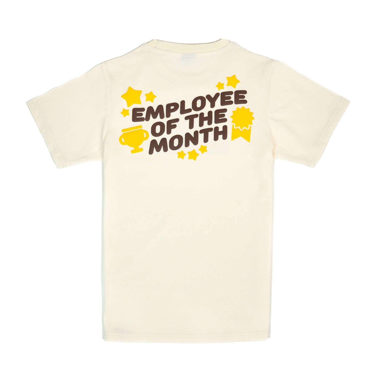 The back of a cream-coloured t-shirt with a graphic of all-caps brown text that says 'EMPLOYEE OF THE MONTH'. The text is surrounded by yellow images of multiple sized stars, a trophy, and an award ribbon. The design is in the upper-center of the back of the t-shirt.