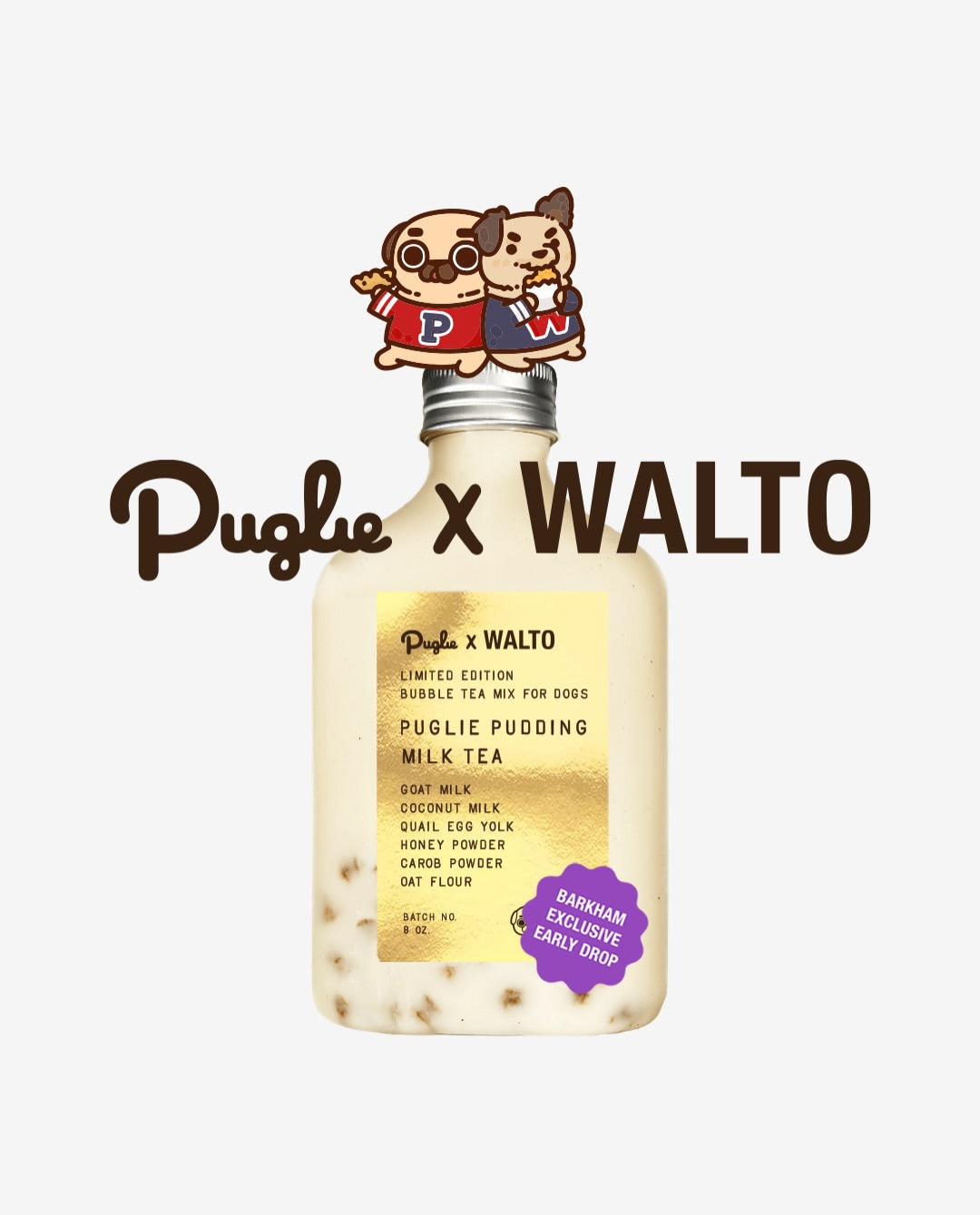 Puglie x Walto collaboration art superimposed in front of a bottle of Puglie Pudding Milk Tea for the Puglie x Walto collaboration.