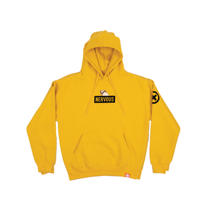 A yellow hoodie with a graphic of a scared-looking pug above a black rectangle with the yellow text "NERVOUS". The graphic is in the centre of the chest of the hoodie. There is a black X with a black circle around it on the top-left of one of the the sleeves. There is a small red tag on the bottom hem of the hoodie.