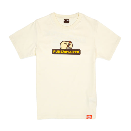 Cream t-shirt with an image of Puglie laying down on a bolded yellow text graphic surrounded by black that says 'FUNEMPLOYED'. The graphic is in the center of the t-shirt.