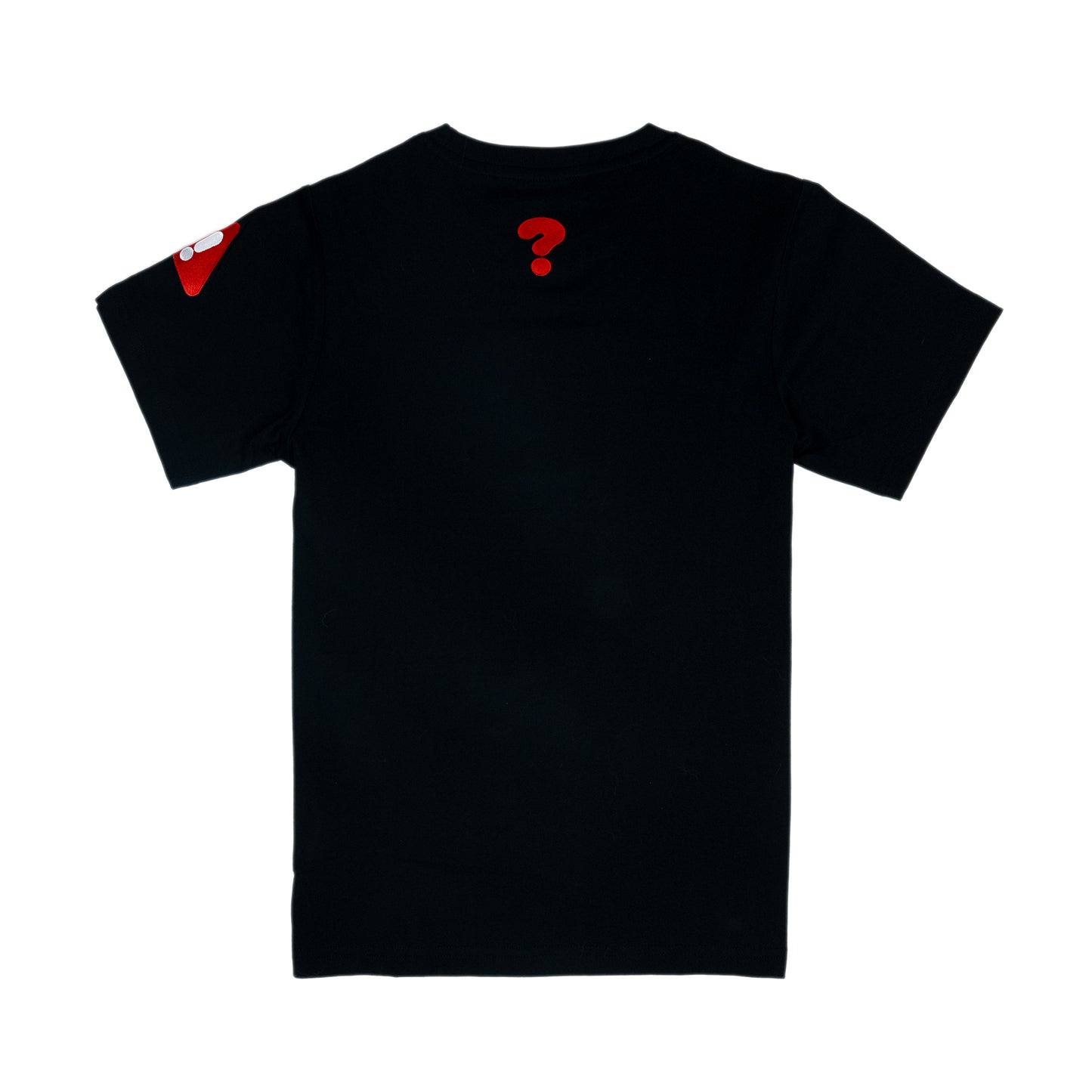 The back of a black t-shirt with an embroidered graphic of a question mark. The graphic is in the top-center of the back of the t-shirt. There is a red embroidered warning sign (rounded triangle shape) with a white exclamation mark in the centre on one sleeve.