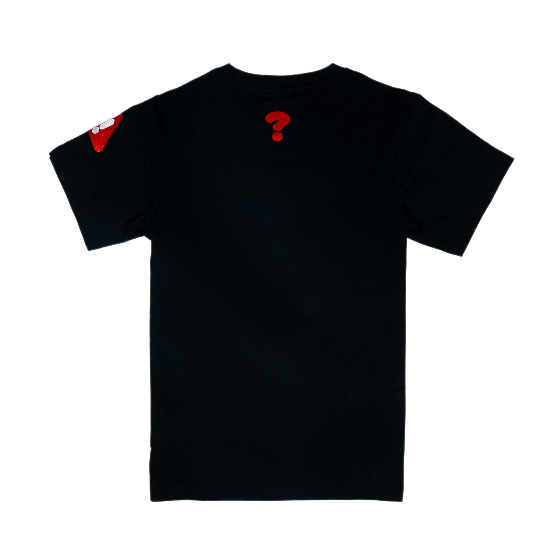 The back of a black t-shirt with an embroidered graphic of a question mark. The graphic is in the top-center of the back of the t-shirt. There is a red embroidered warning sign (rounded triangle shape) with a white exclamation mark in the centre on one sleeve.