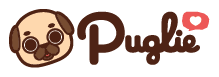Puglie Pug Logo with Puglie's Face on the left and cursive logo font of the right