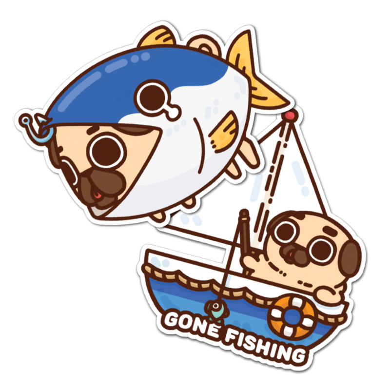 "Gone Fishing" Puglie Vinyl Sticker Set