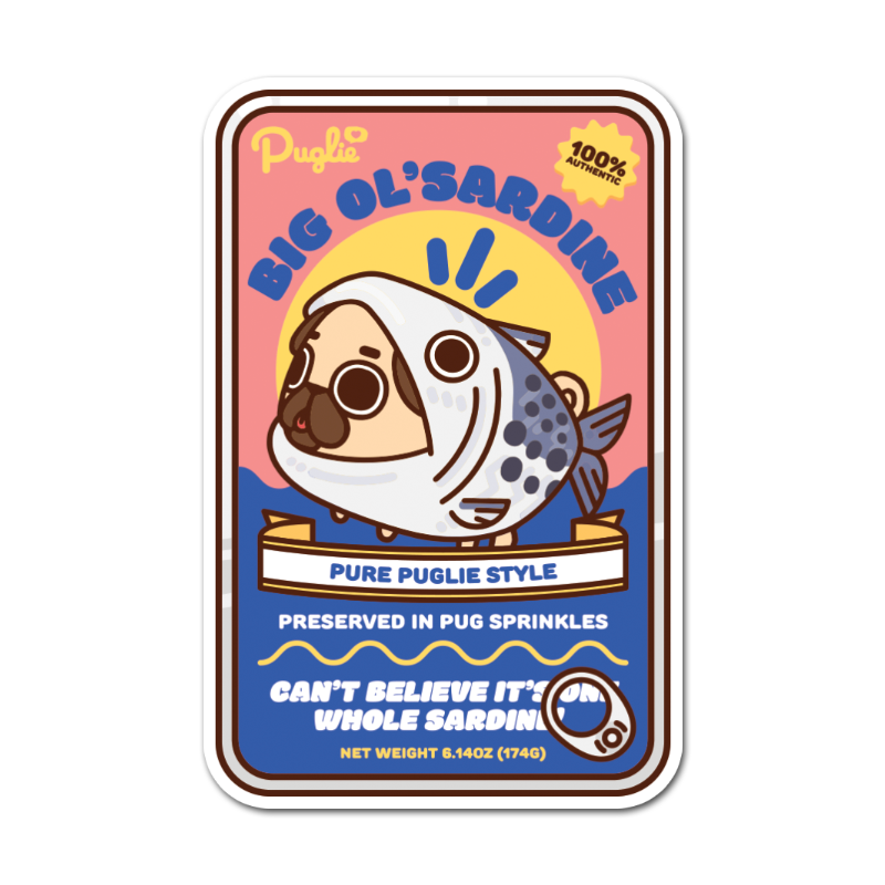 Sardine can-style packaging with a pug illustration on a pink and blue background