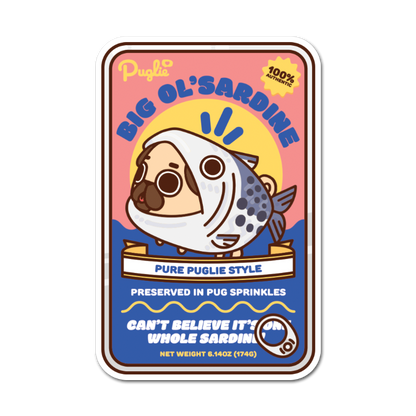 Sardine can-style packaging with a pug illustration on a pink and blue background